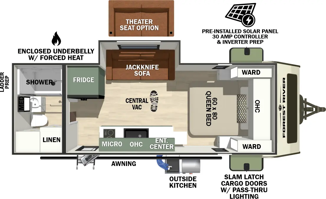 The No Boundaries NB19.4 floorplan has one entry and one slide out. Exterior features include: fiberglass exterior, 16' awning and outside kitchen. Interiors features include: front bedroom and rear bathroom.